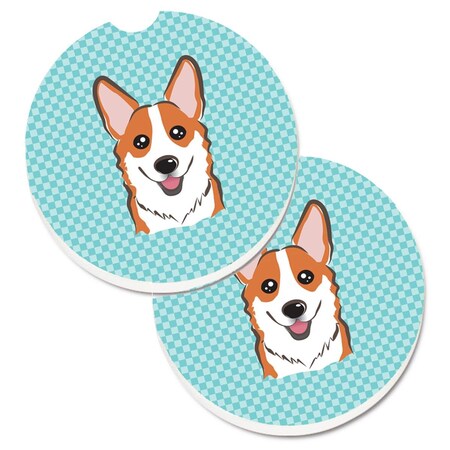 Carolines Treasures Checkerboard Blue Corgi Set of 2 Cup Holder Car Coaster BB1192CARC